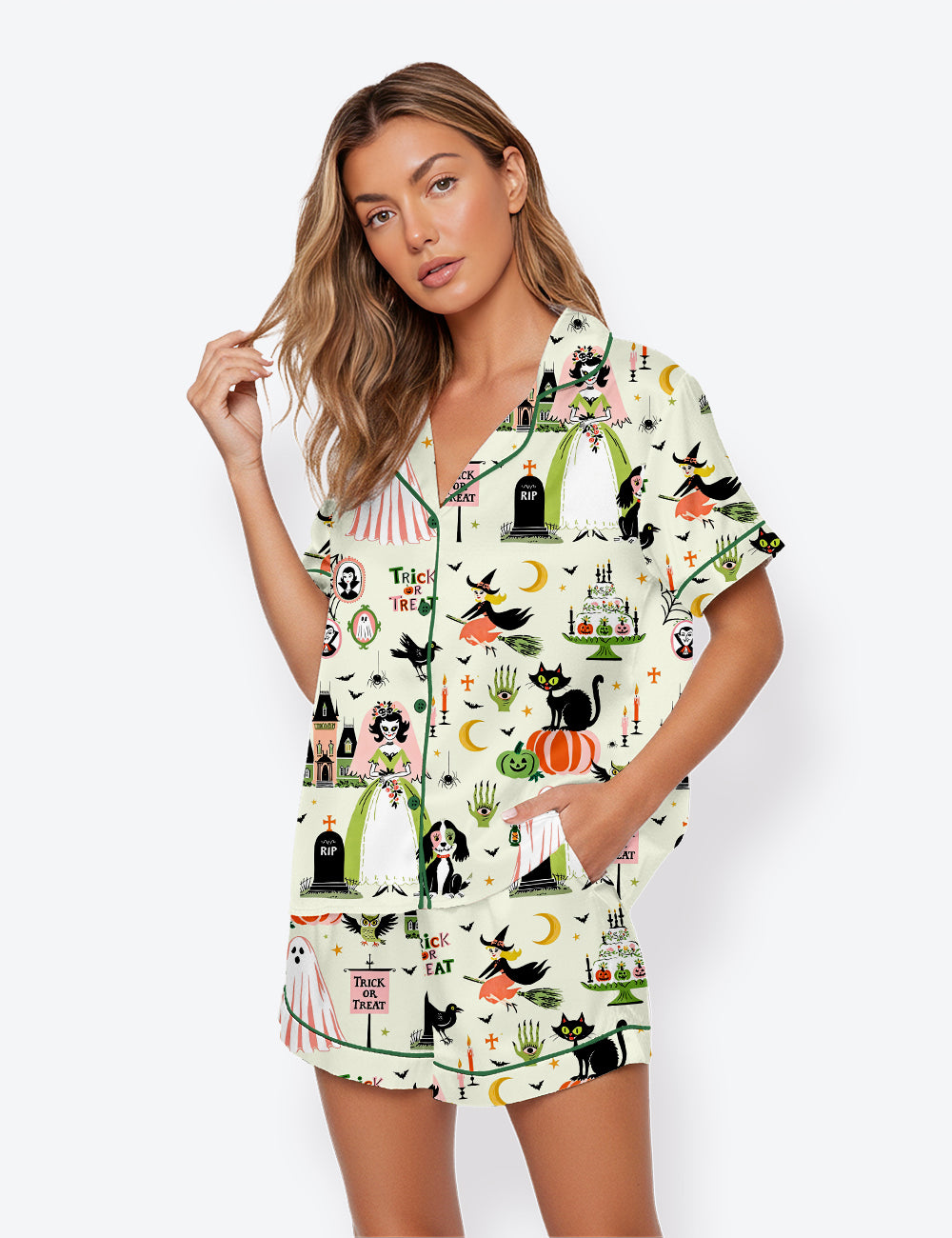 Women’s Retro Spooky Halloween Witch Ghost Skeleton Pumpkin Short Sleeve Satin Pajama Set
