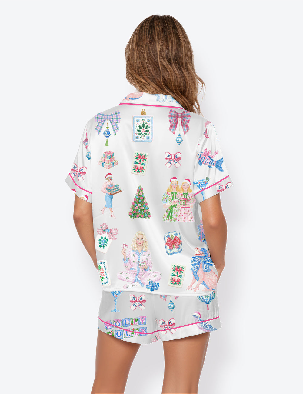 Women’s Merry Mahjong Christmas Chinoiserie Short Sleeve Satin Pajama Set
