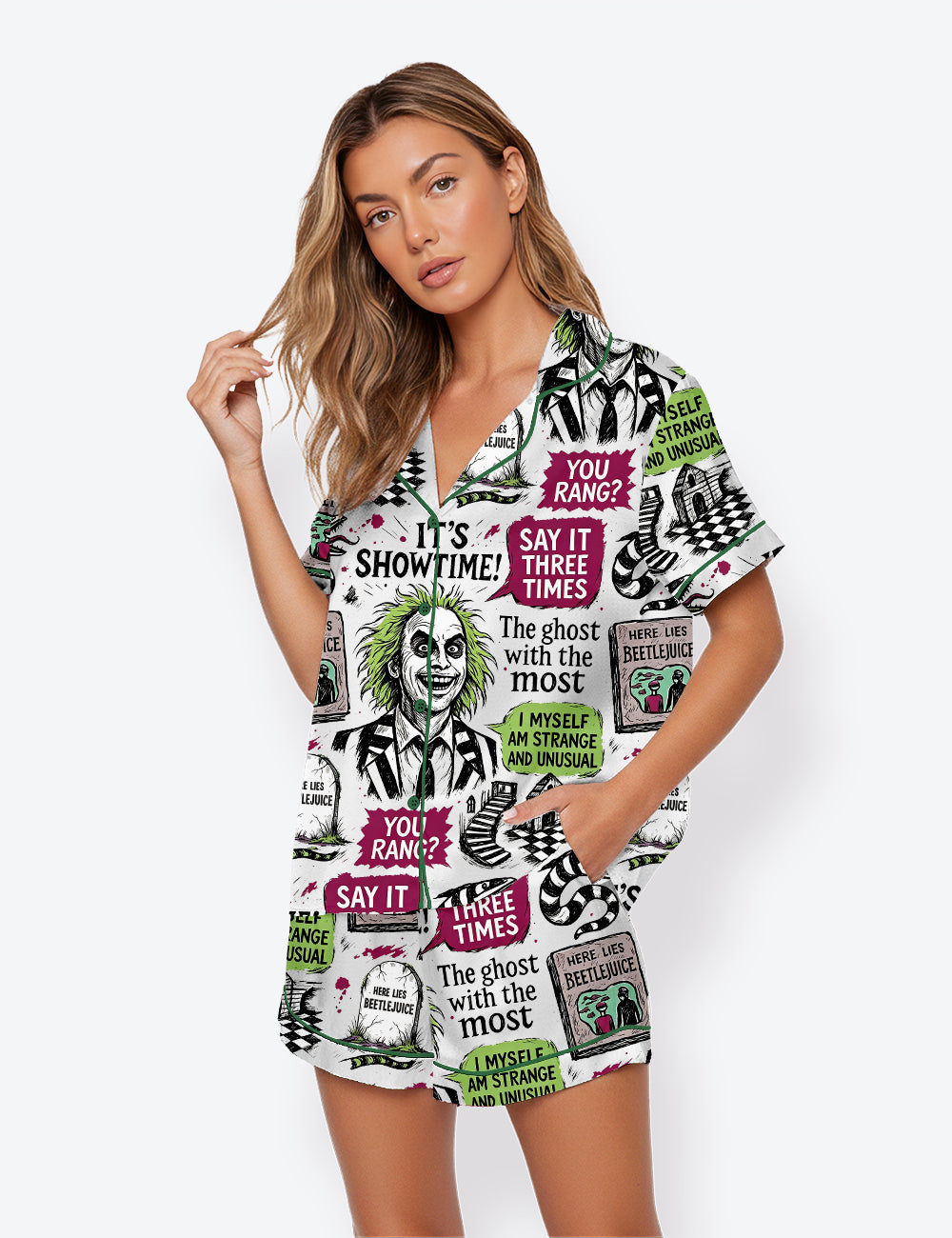 Women’s Green Beetle Halloween Movie Never Trust The Living Halloween Short Sleeve Satin Pajama Set