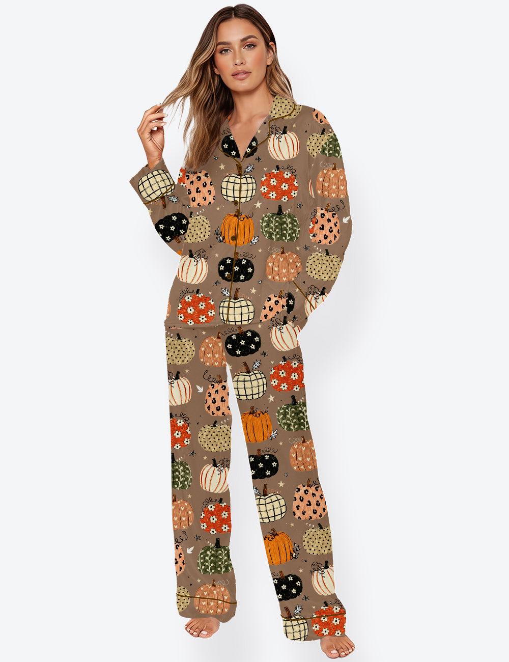 Women’s Boho Pumpkin Preppy Fall Coquette Autumn Thanksgiving Halloween Long Sleeve Satin Pajama Set