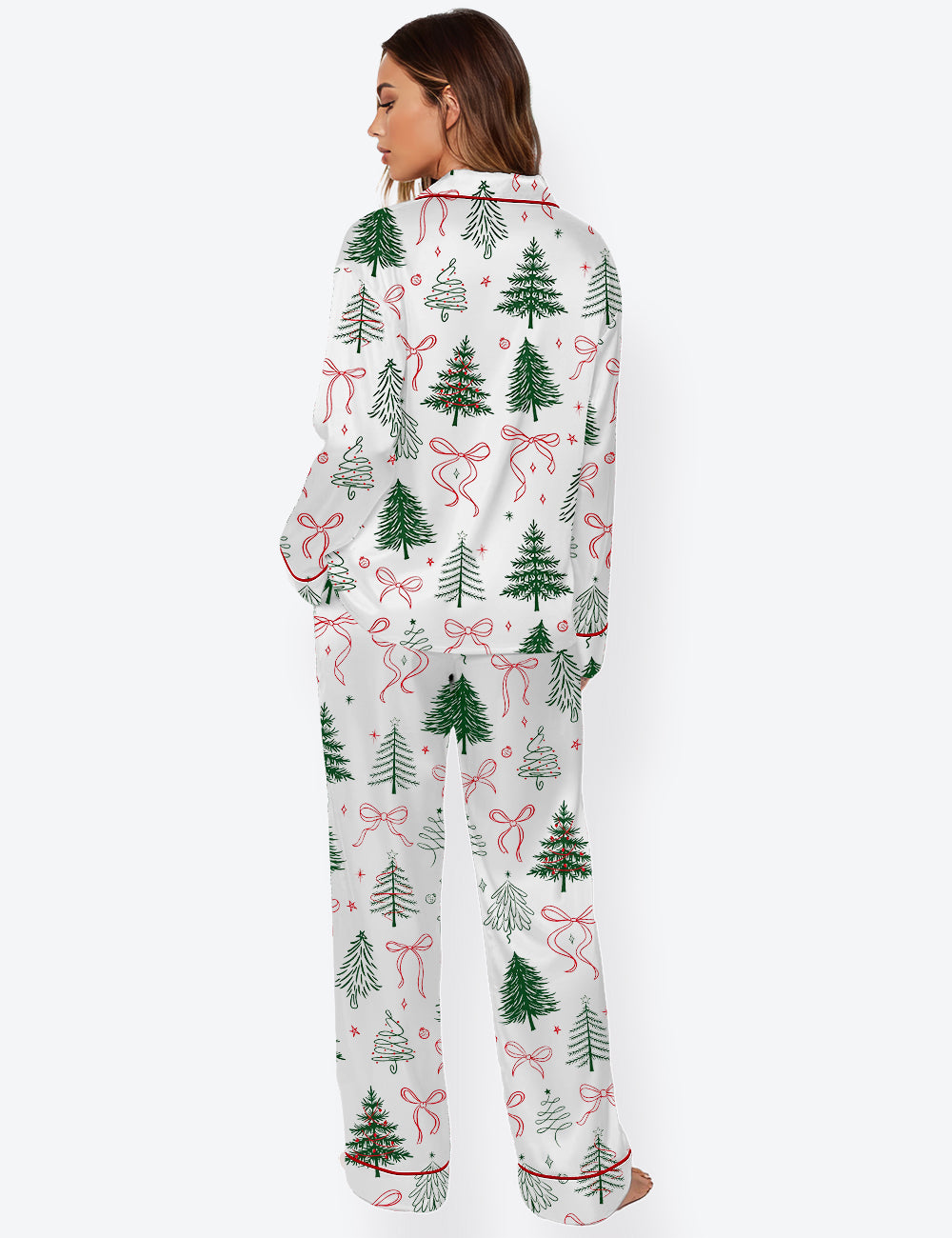 Women’s Coquette Merry Christmas Preppy Christmas Tree Long Sleeve Satin Pajama Set