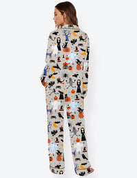 Women’s Playful Halloween Witch Monster Vampire Long Sleeve Satin Pajama Set