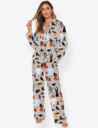 Women’s Playful Halloween Witch Monster Vampire Long Sleeve Satin Pajama Set