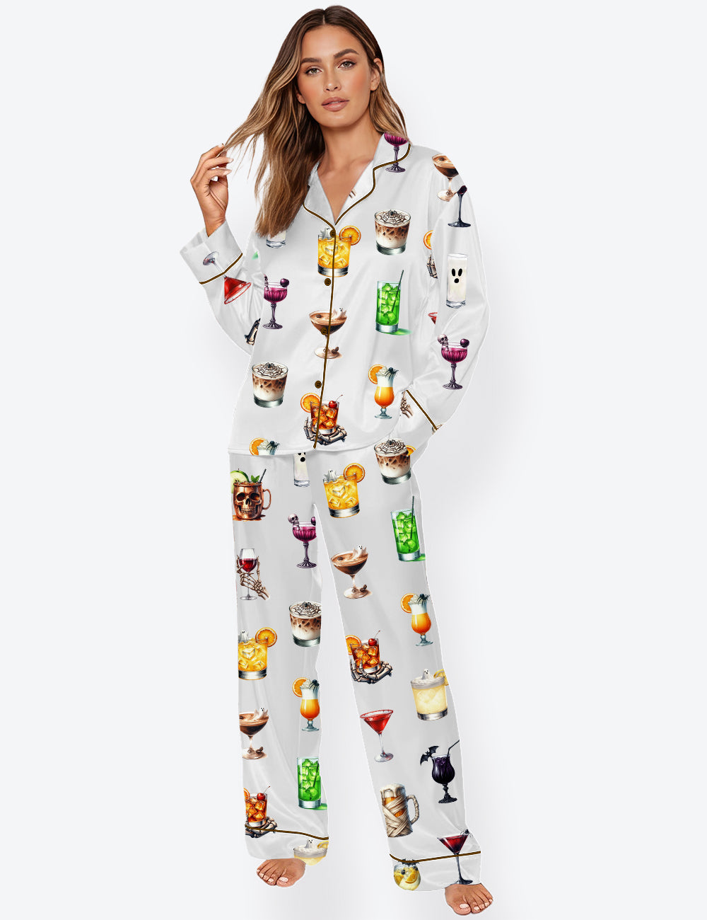 Women’s Halloween Cocktails Martini Long Sleeve Satin Pajama Set