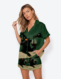 Women’s Halloween Black Cat With Red Wine Short Sleeve Satin Pajama Set