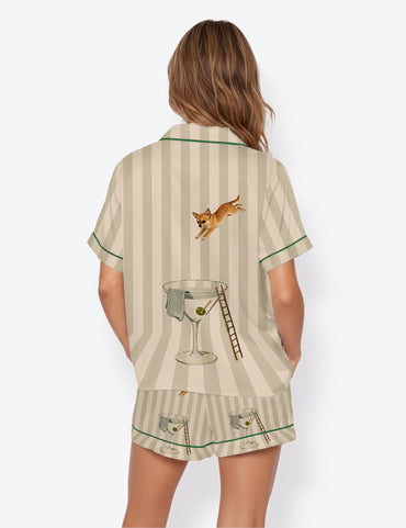 Women’s Chihuahua Martini Diver Modern Cocktail Short Sleeve Satin Pajama Set
