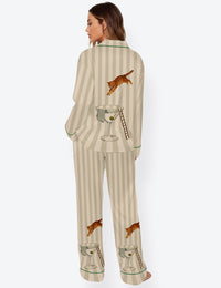 Women’s Orange Tabby Cat Martini Diver Modern Cocktail Long Sleeve Satin Pajama Set