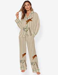 Women’s Orange Tabby Cat Martini Diver Modern Cocktail Long Sleeve Satin Pajama Set