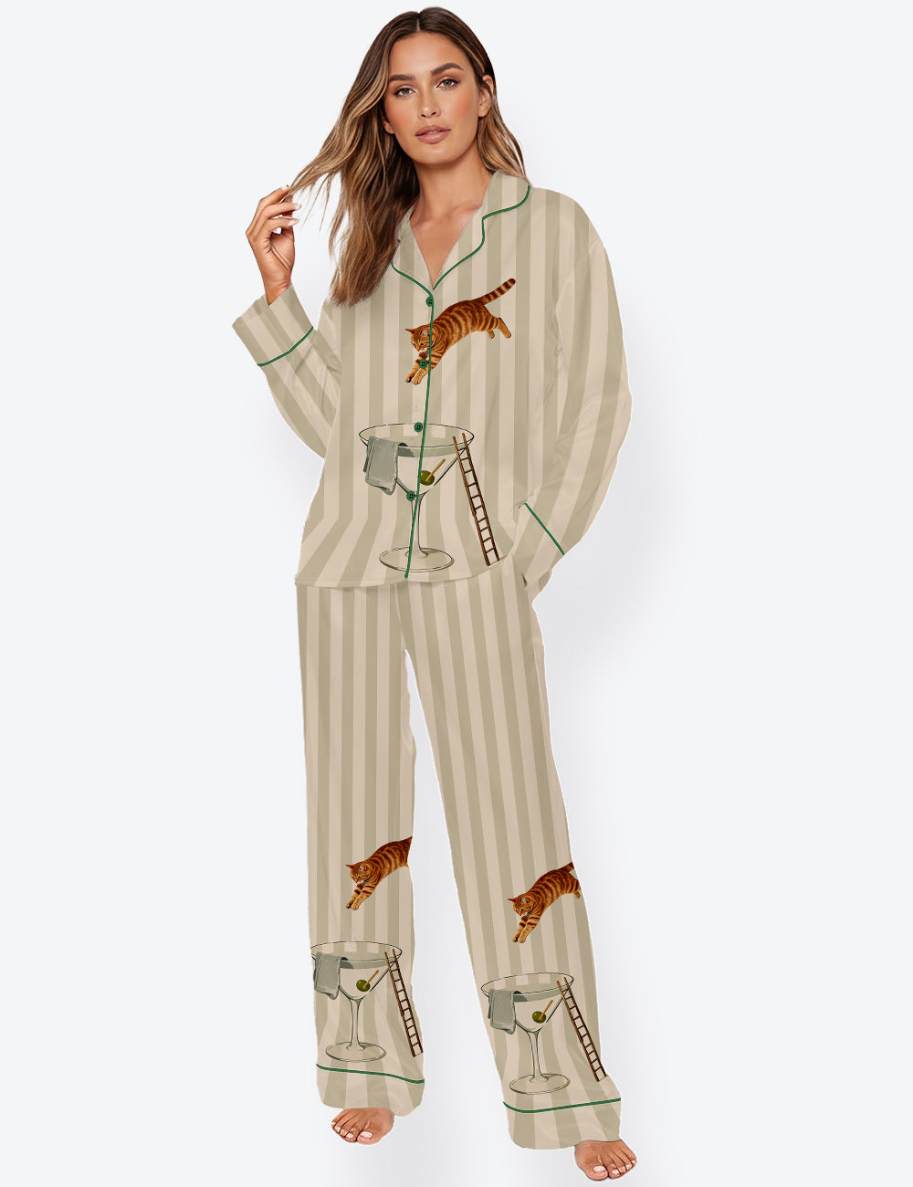 Women’s Orange Tabby Cat Martini Diver Modern Cocktail Long Sleeve Satin Pajama Set