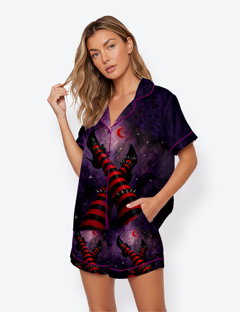 Women’s Halloween Witch Legs Black & Cream Striped Stockings Spooky Short Sleeve Satin Pajama Set