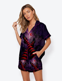 Women’s Halloween Witch Legs Black & Cream Striped Stockings Spooky Short Sleeve Satin Pajama Set