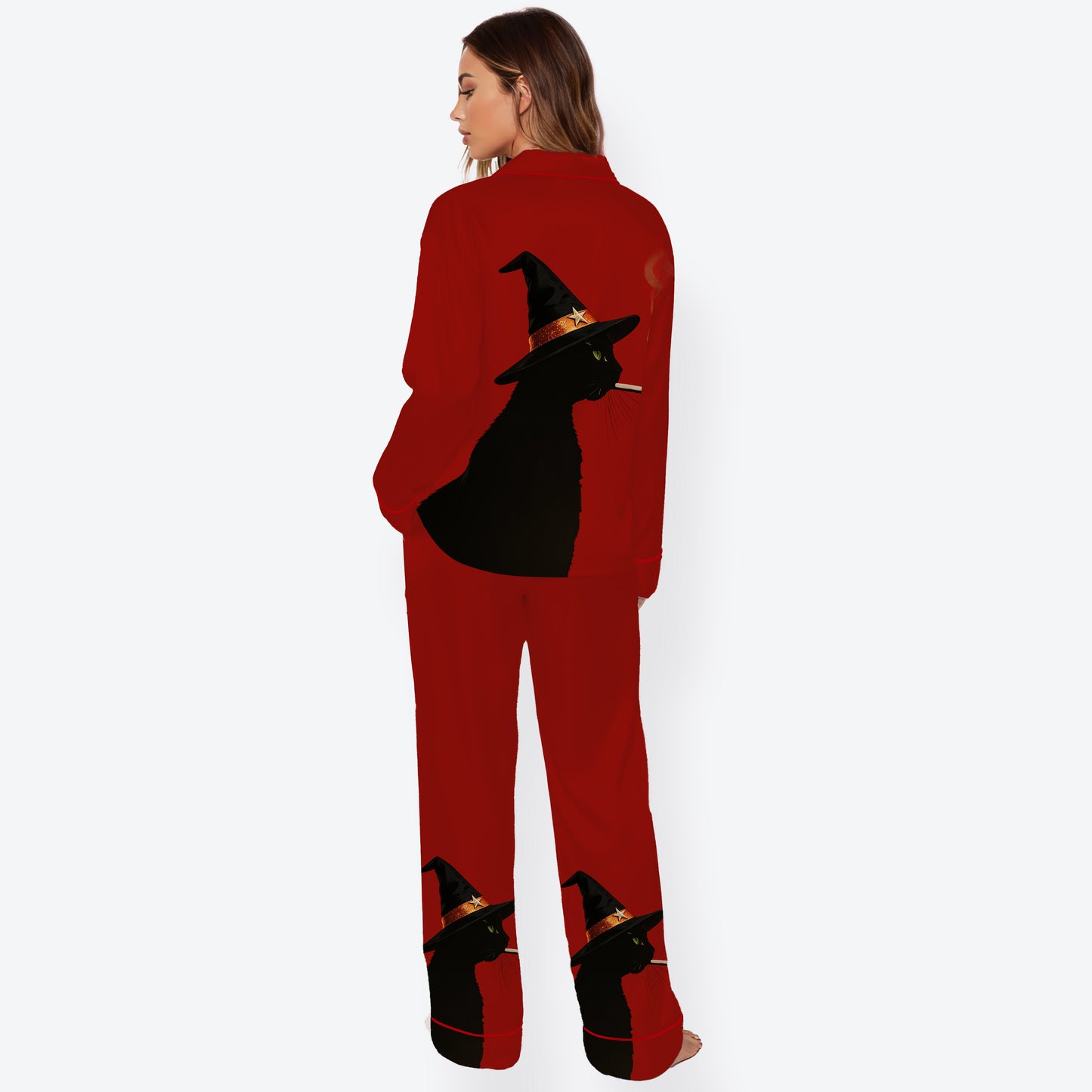 Women’s Smoking Black Cat With Witch Hat Halloween Long Sleeve Satin Pajama Set