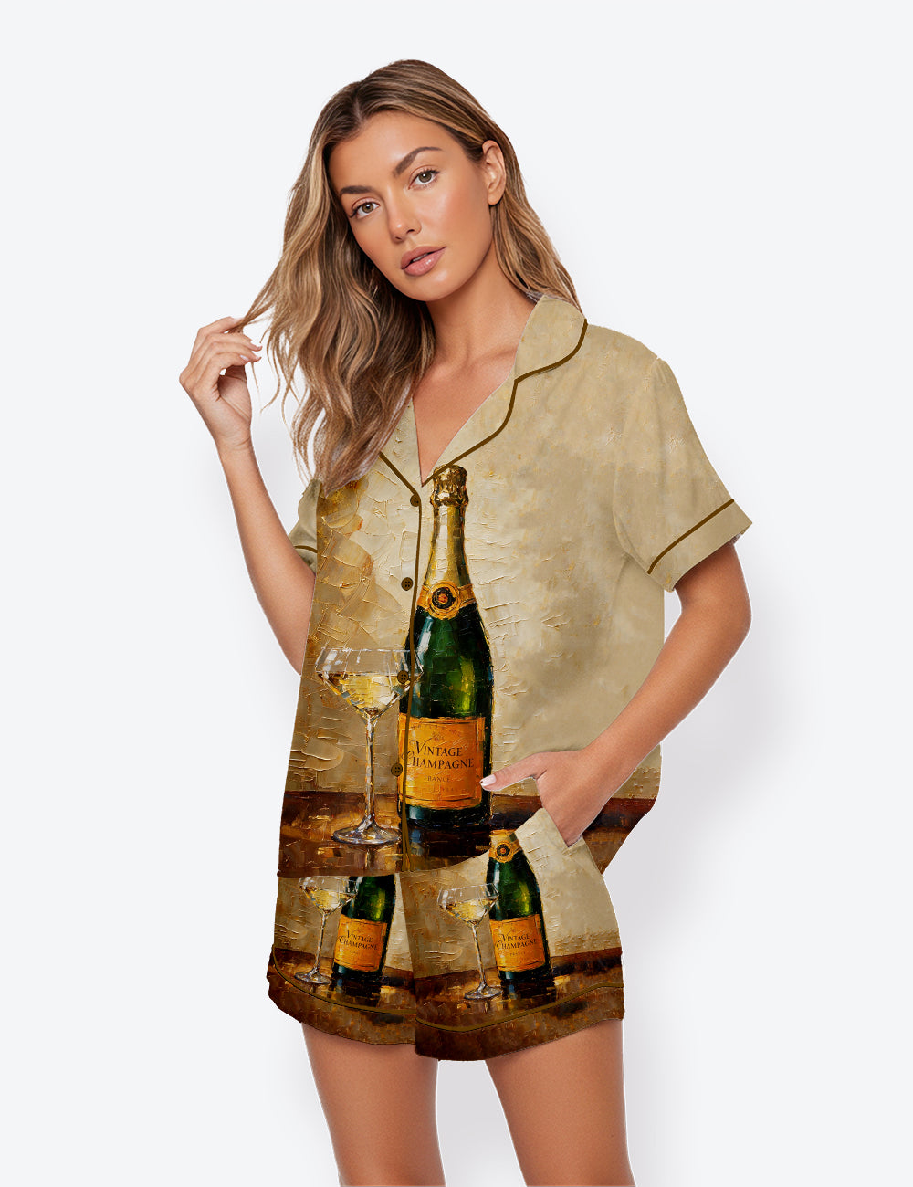 Women’s Vintage Champagne Please Short Sleeve Satin Pajama Set