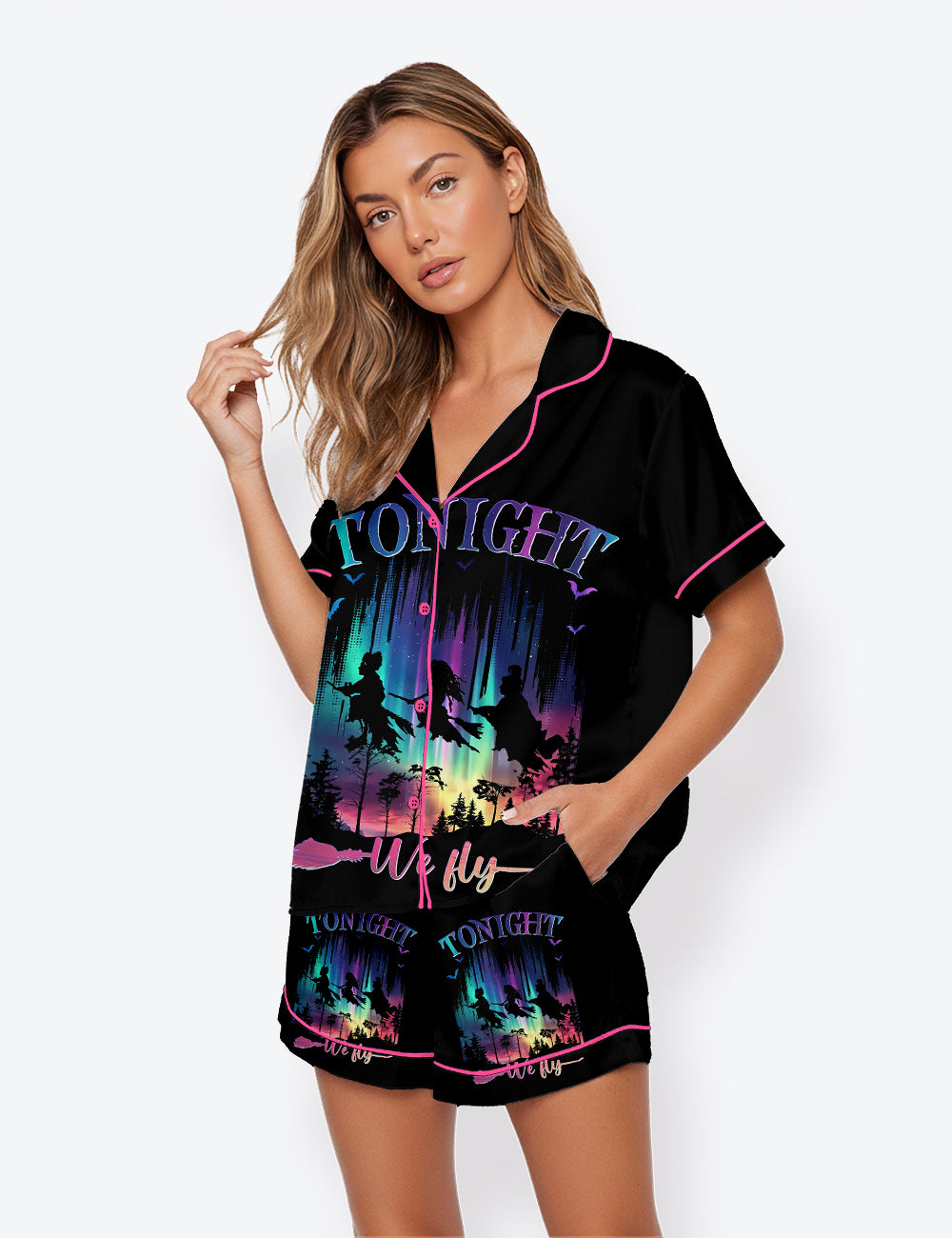 Women’s Neon Halloween Witches Bad Witches Vibes Short Sleeve Satin Pajama Set