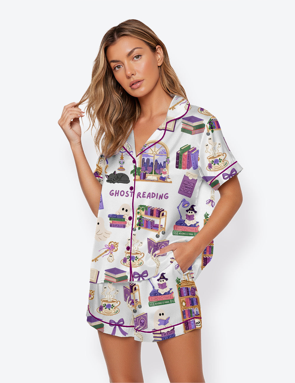 Women’s Ghost Reading Book Lover Halloween Bookish Short Sleeve Satin Pajama Set