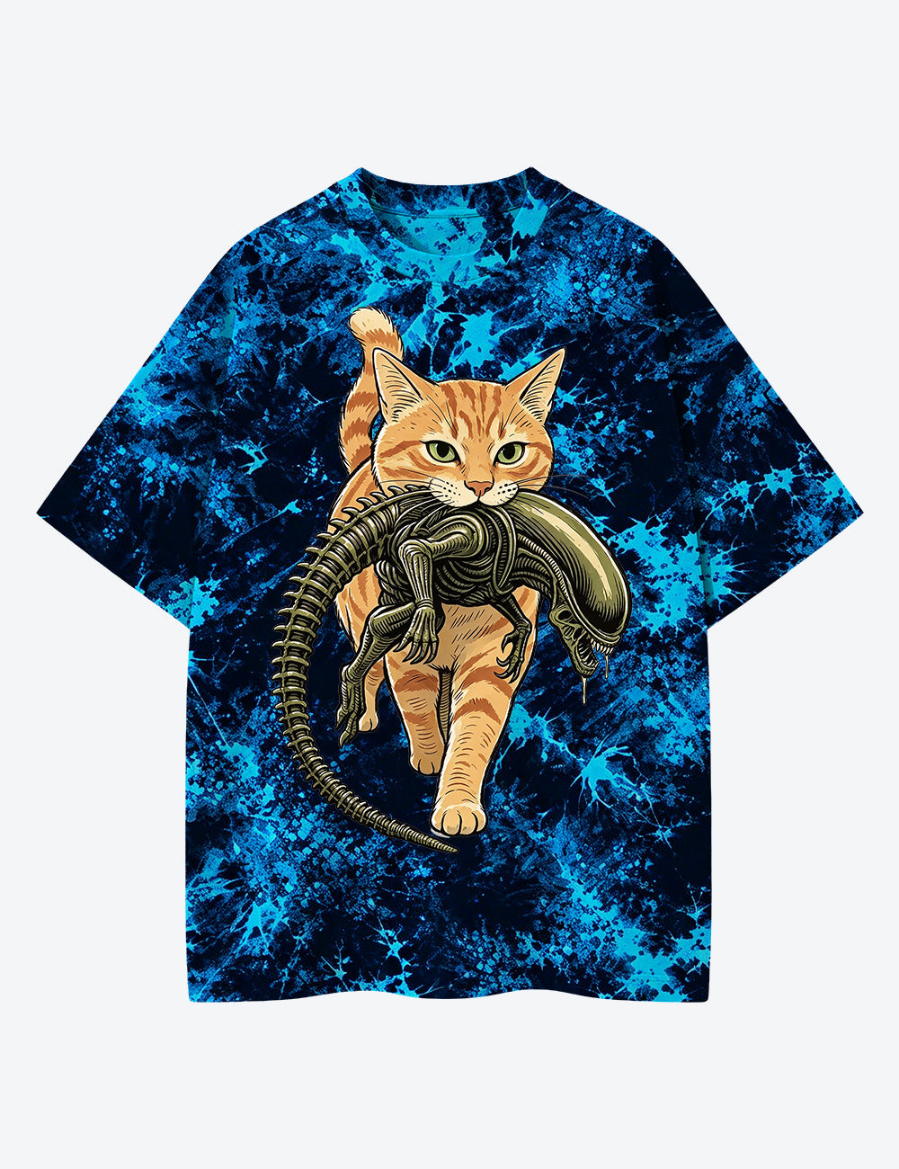 Cat Carrying Alien Orange Tabby Cat Horror Movie Unisex Cotton Handmade Tie-Dye T-Shirt