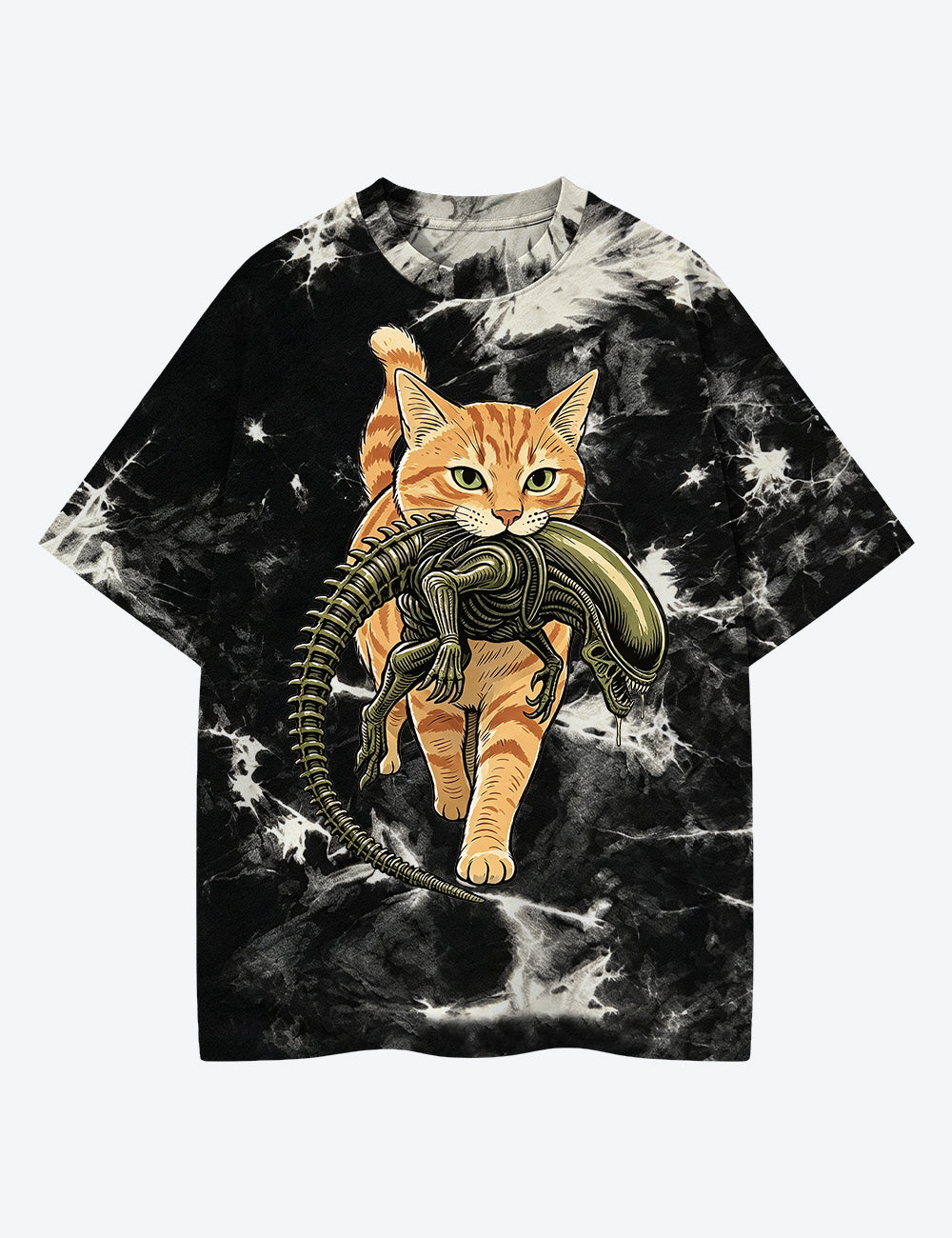 Cat Carrying Alien Orange Tabby Cat Horror Movie Unisex Cotton Handmade Tie-Dye T-Shirt