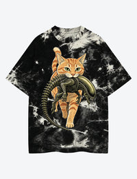 Cat Carrying Alien Orange Tabby Cat Horror Movie Unisex Cotton Handmade Tie-Dye T-Shirt
