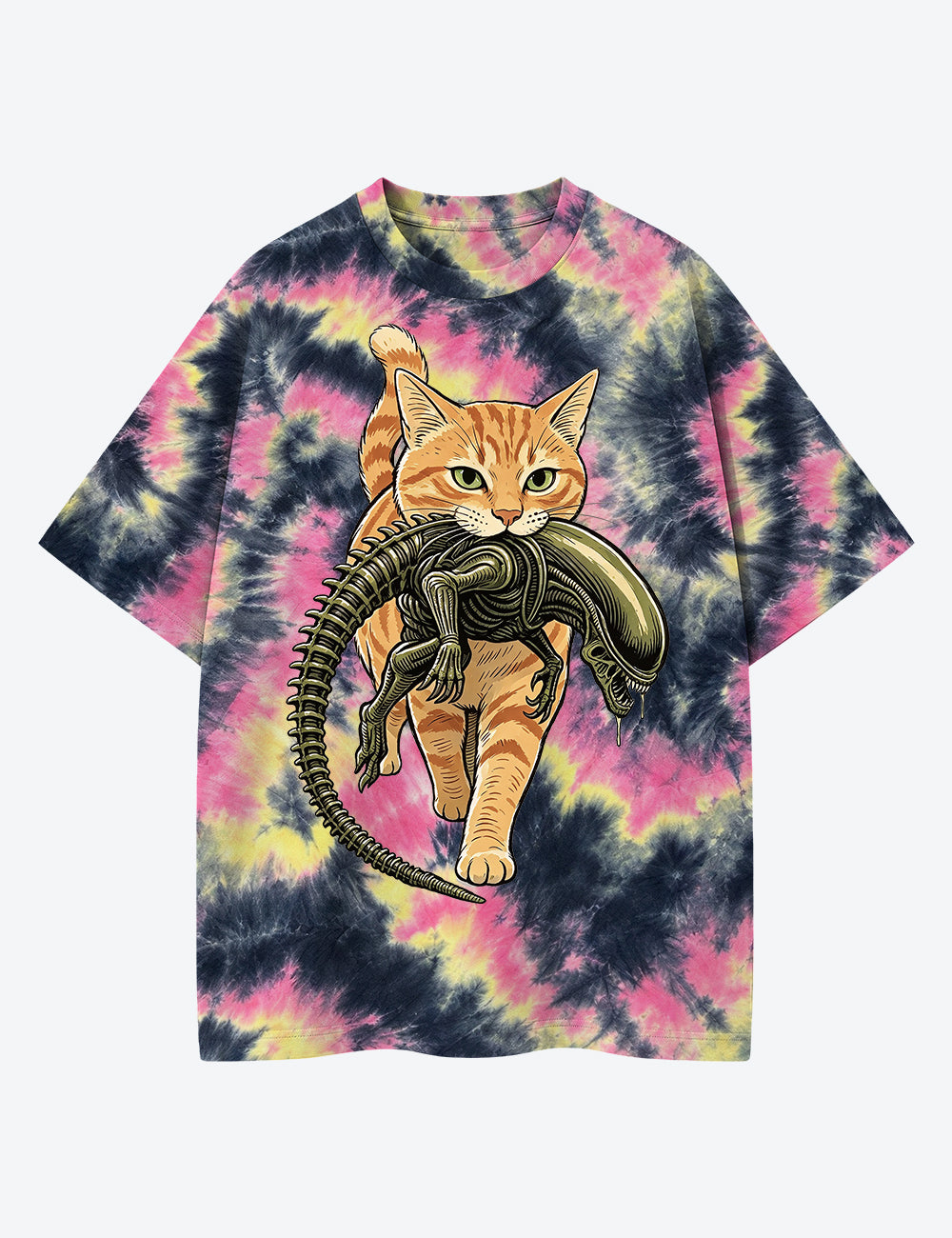 Cat Carrying Alien Orange Tabby Cat Horror Movie Unisex Cotton Handmade Tie-Dye T-Shirt