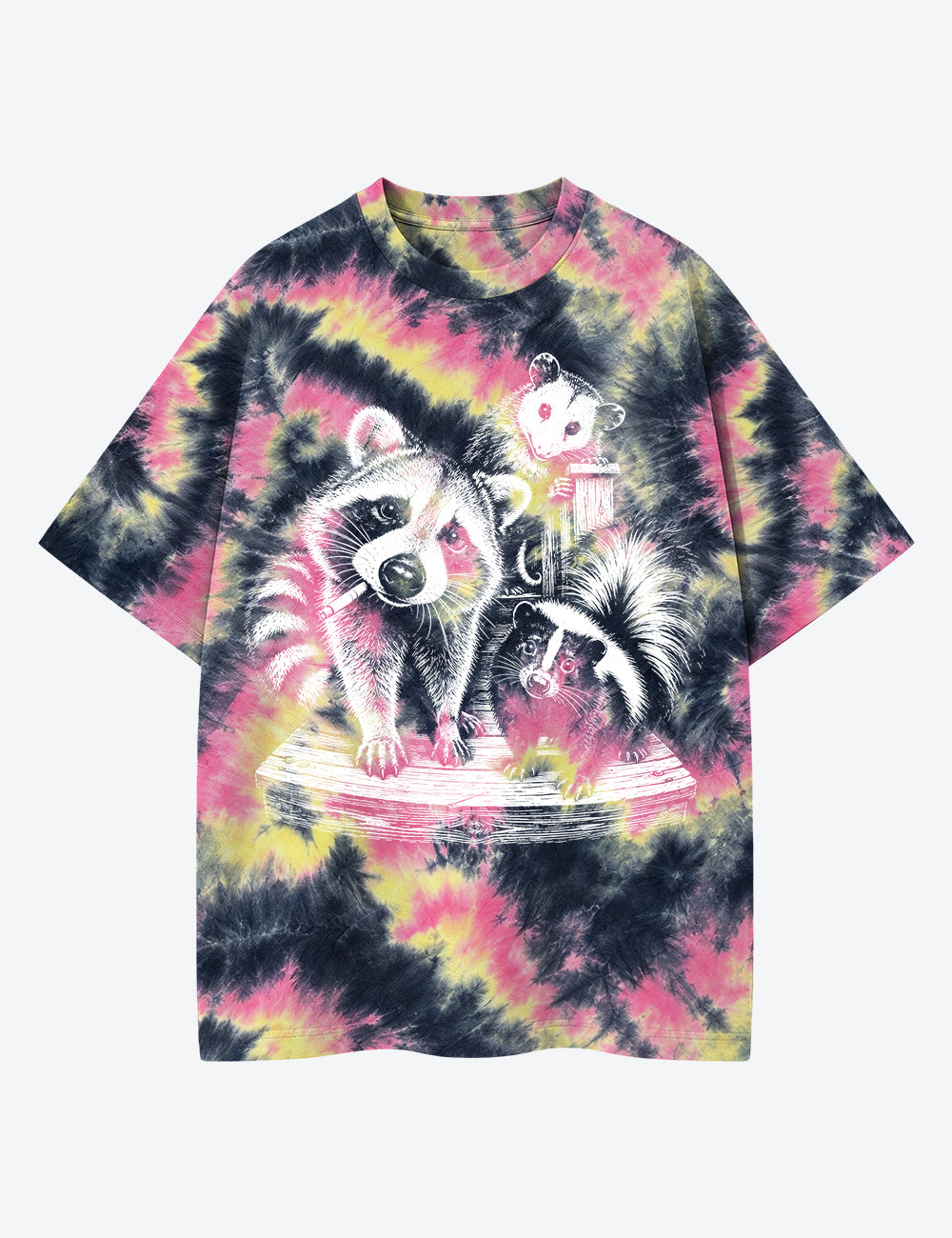 Trash Panda Night Raccoon Opossum Skunk Unisex Cotton Handmade Tie-Dye T-Shirt