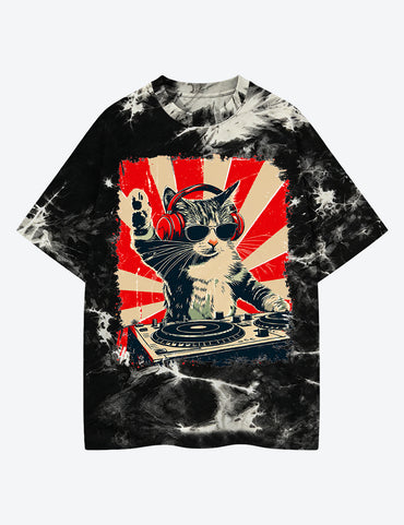 Cool DJ Cat Unisex Cotton Handmade Tie-Dye T-Shirt