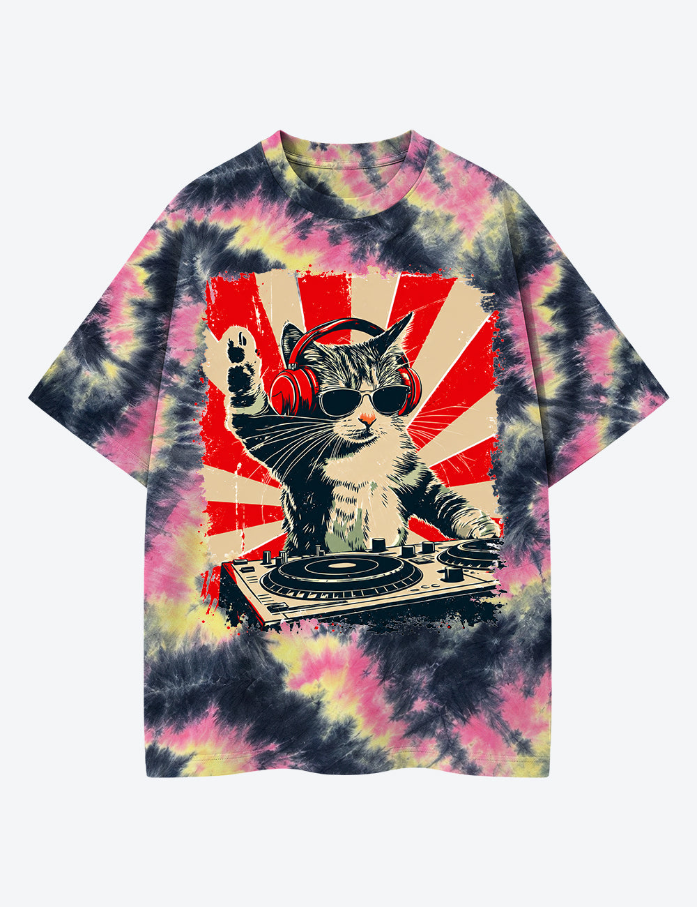 Cool DJ Cat Unisex Cotton Handmade Tie-Dye T-Shirt
