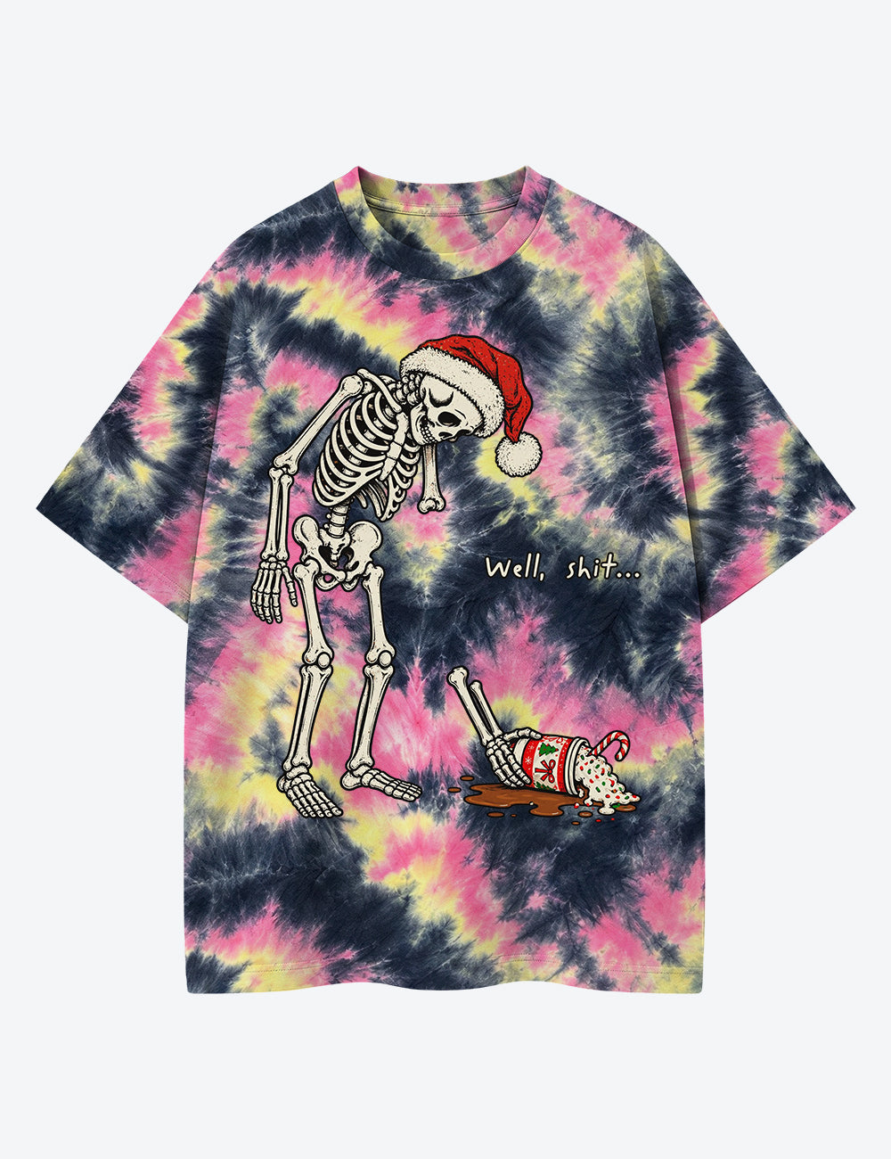 Skeleton Christmas Well Sh*t Dark Humor Santa Skeleton Spilled Coffee Unisex Cotton Handmade Tie-Dye T-Shirt