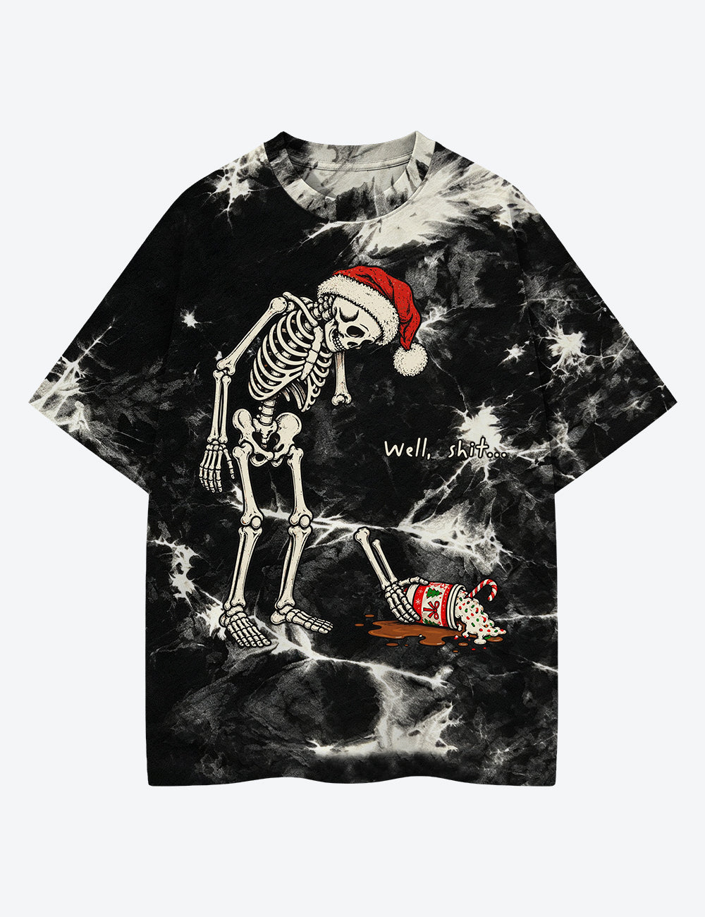Skeleton Christmas Well Sh*t Dark Humor Santa Skeleton Spilled Coffee Unisex Cotton Handmade Tie-Dye T-Shirt