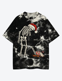 Skeleton Christmas Well Sh*t Dark Humor Santa Skeleton Spilled Coffee Unisex Cotton Handmade Tie-Dye T-Shirt