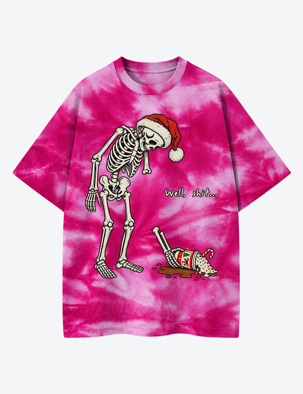 Skeleton Christmas Well Sh*t Dark Humor Santa Skeleton Spilled Coffee Unisex Cotton Handmade Tie-Dye T-Shirt