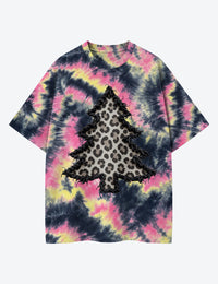 Leopard Christmas Tree Unisex Cotton Handmade Tie-Dye T-Shirt
