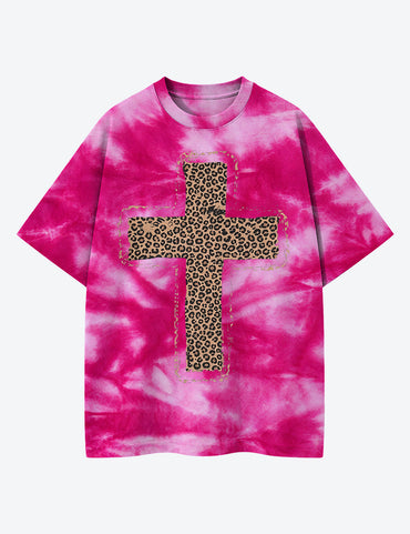 Cheetah Cross Fall Christmas Cross Holy Heaven Xmas Unisex Cotton Handmade Tie-Dye T-Shirt