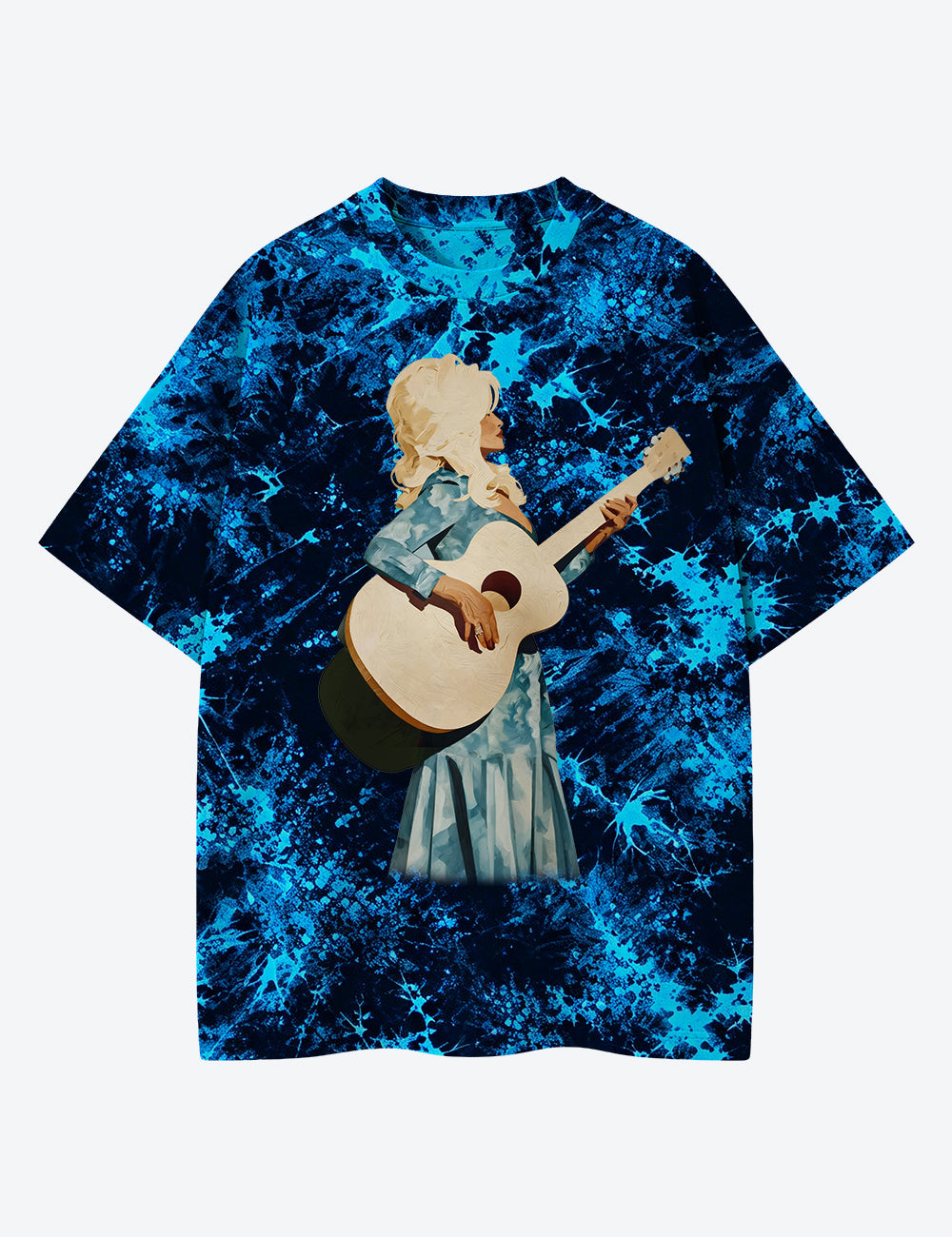 Soft Blue Dolly Guitar Street Art Unisex Cotton Handmade Tie-Dye T-Shirt
