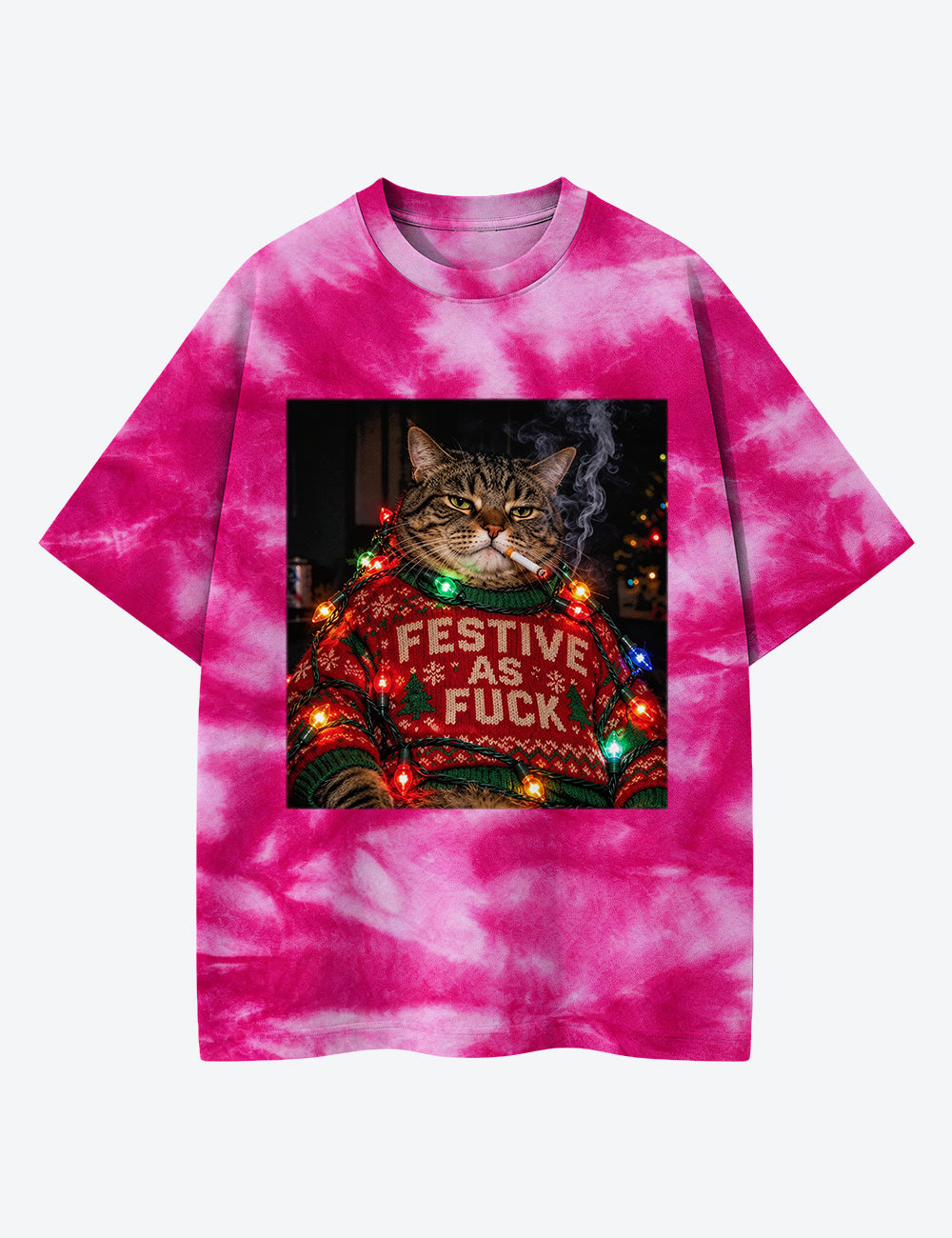 Christmas Cat Unisex Cotton Handmade Tie-Dye T-Shirt