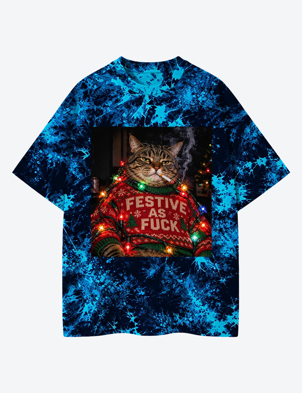 Christmas Cat Unisex Cotton Handmade Tie-Dye T-Shirt