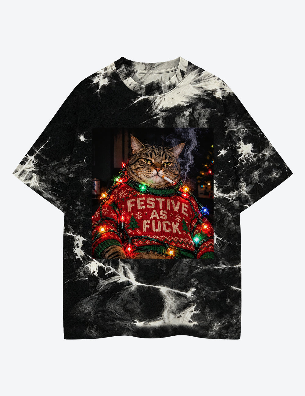 Christmas Cat Unisex Cotton Handmade Tie-Dye T-Shirt