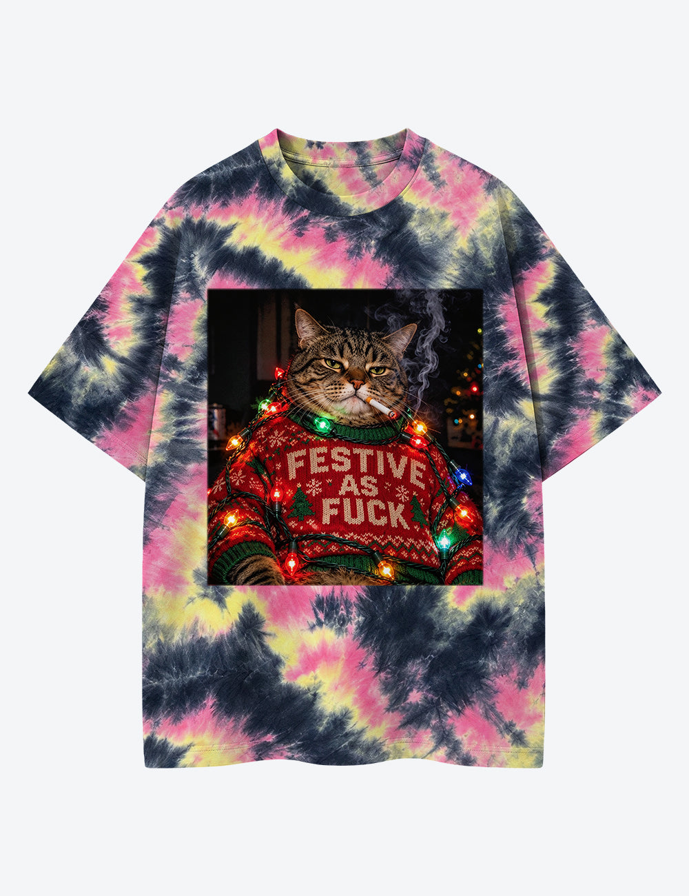 Christmas Cat Unisex Cotton Handmade Tie-Dye T-Shirt