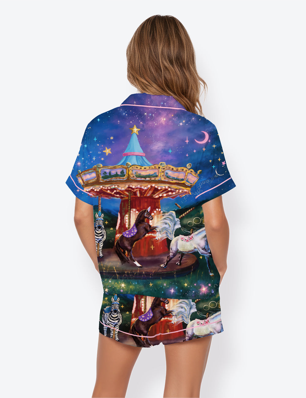 Women’s Whimsical Carousel Horse Merry Go Round Short Sleeve Satin Pajama Set