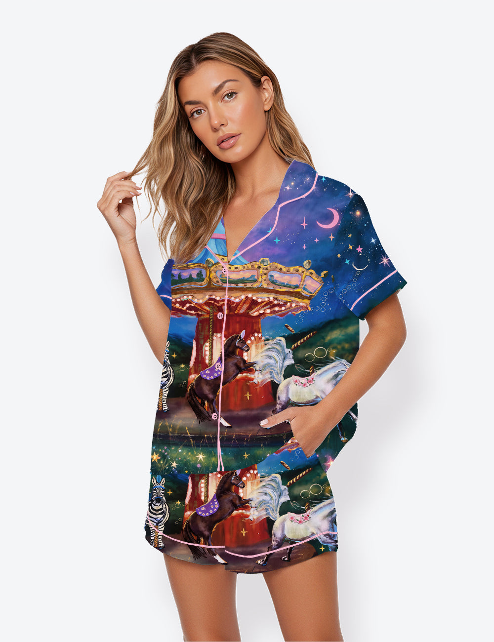 Women’s Whimsical Carousel Horse Merry Go Round Short Sleeve Satin Pajama Set