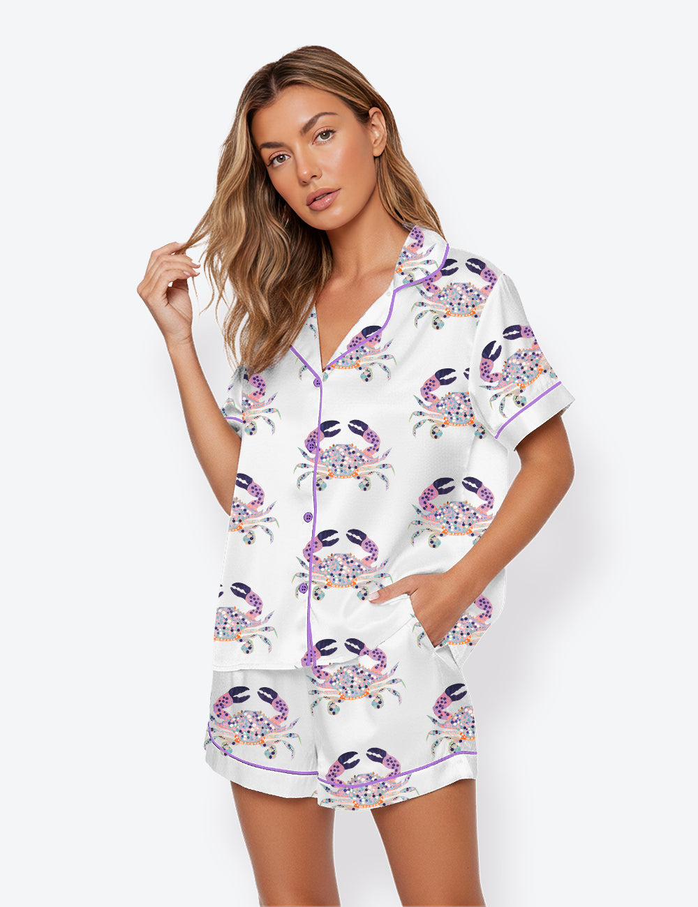Women’s Coastal Beach House Colorful Crab Short Sleeve Satin Pajama Set
