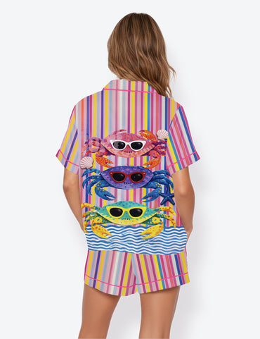 Women’s Preppy Crabs Summer Vacation Beach Short Sleeve Satin Pajama Set