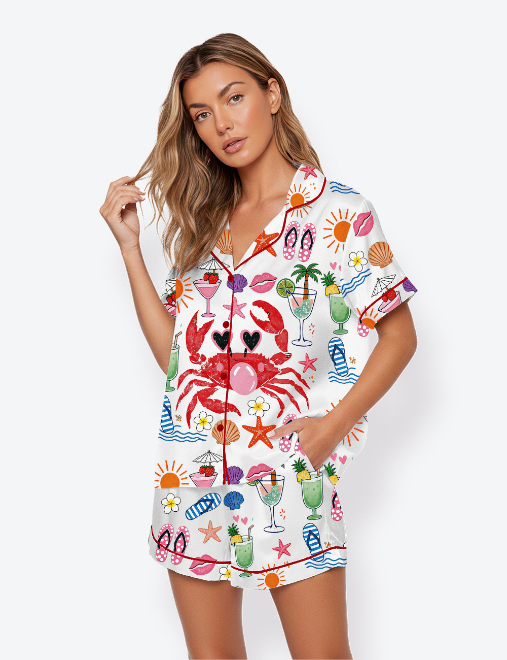 Women’s Crab Blowing Bubble Beach Vibes Nautical Summer Vacation Short Sleeve Satin Pajama Set