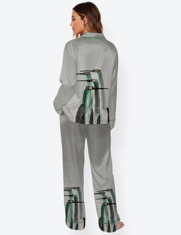 Women’s Heron Vintage Coastal Bird Long Sleeve Satin Pajama Set