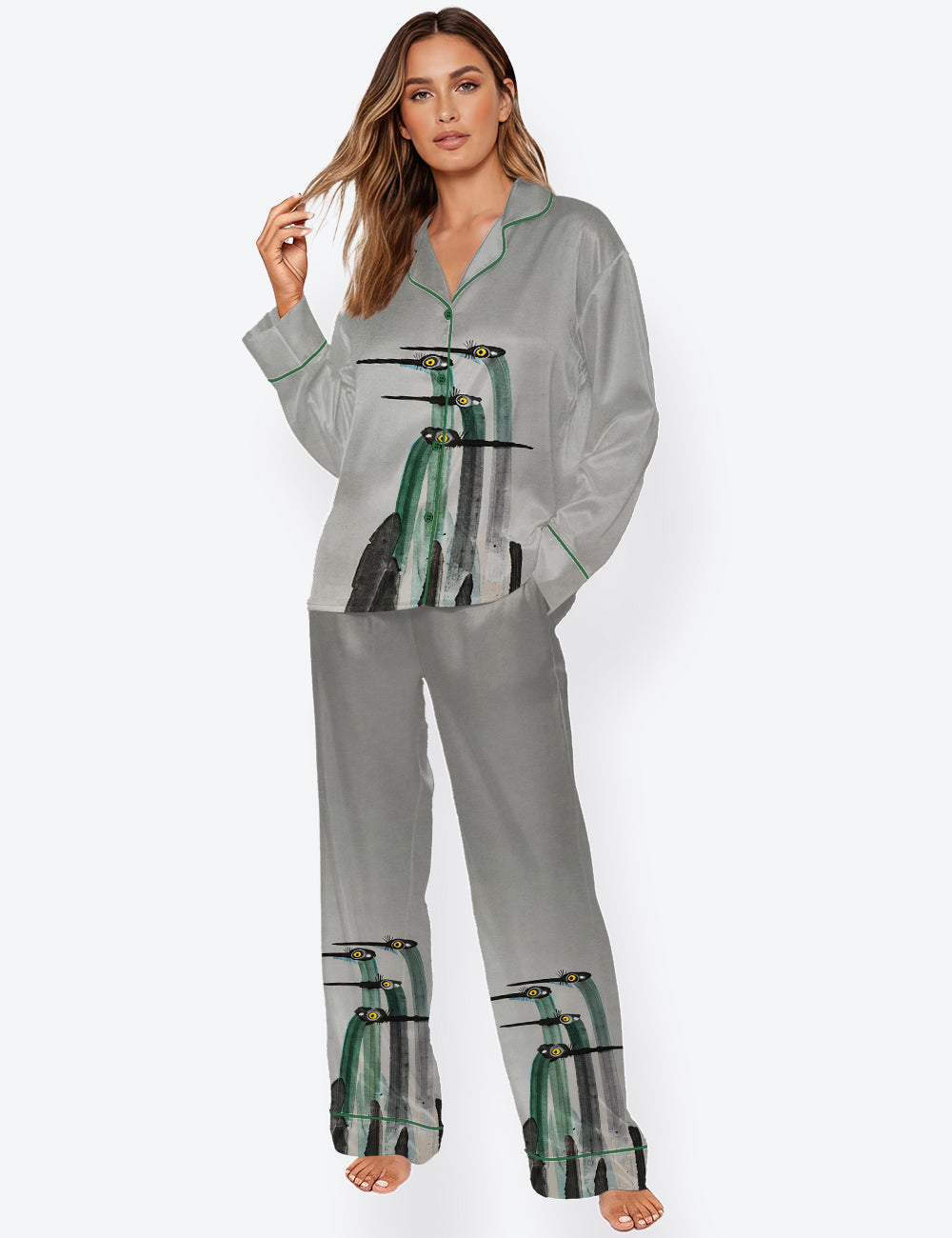 Women’s Heron Vintage Coastal Bird Long Sleeve Satin Pajama Set