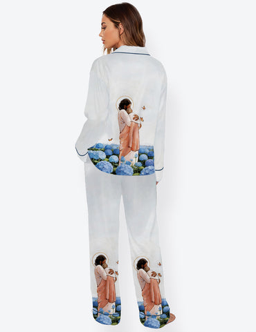 Women’s Among The Forget Me Nots Jesus Holding Angel Baby Hydrangea Long Sleeve Satin Pajama Set
