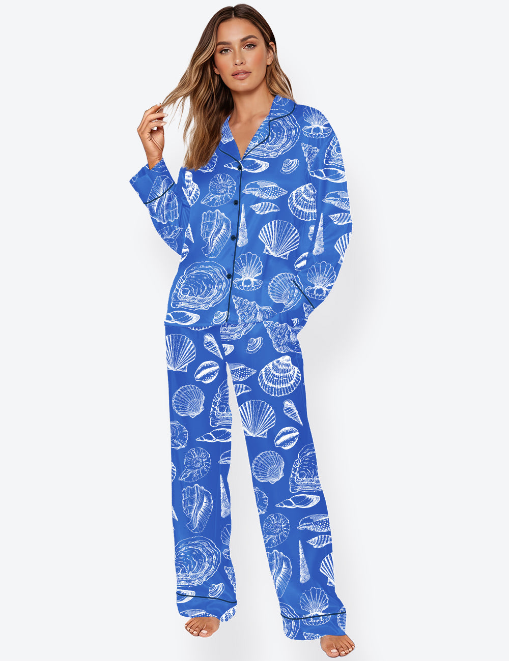 Women’s Seashell Ocean Life Coastal Aesthetic Beach Long Sleeve Satin Pajama Set