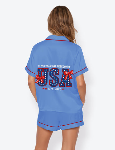 Women’s USA 4th Of July 250th Anniversary Patriotic 1776 Short Sleeve Satin Pajama Set