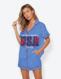 Women’s USA 4th Of July 250th Anniversary Patriotic 1776 Short Sleeve Satin Pajama Set