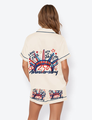 Women’s USA 4th Of July 250th Anniversary Independence Day Short Sleeve Satin Pajama Set