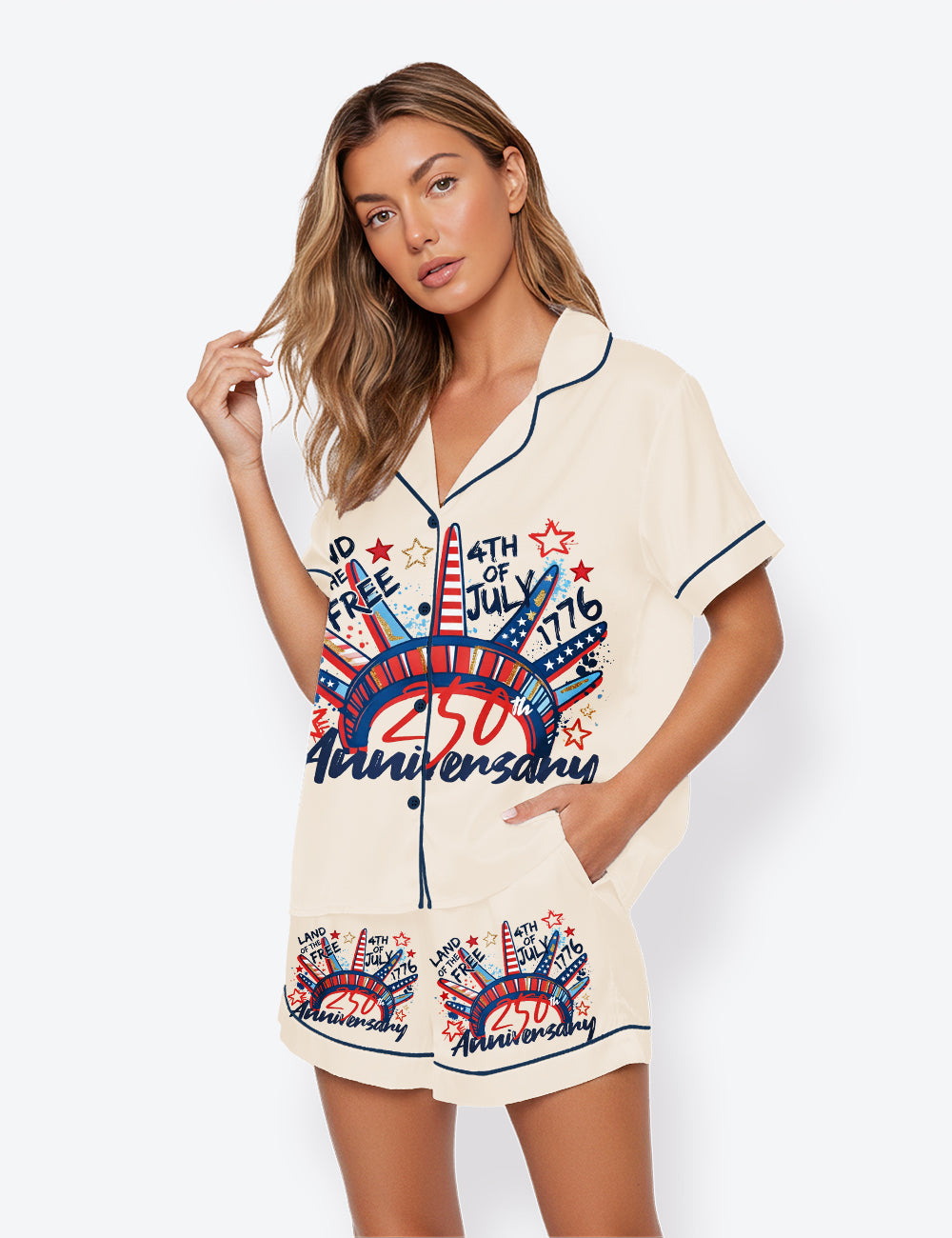 Women’s USA 4th Of July 250th Anniversary Independence Day Short Sleeve Satin Pajama Set